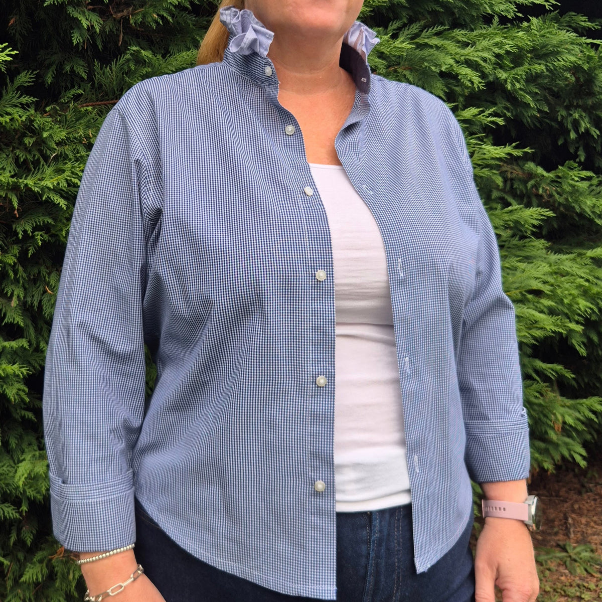 Navy gingham shirt with contrast ruffle collar : size M