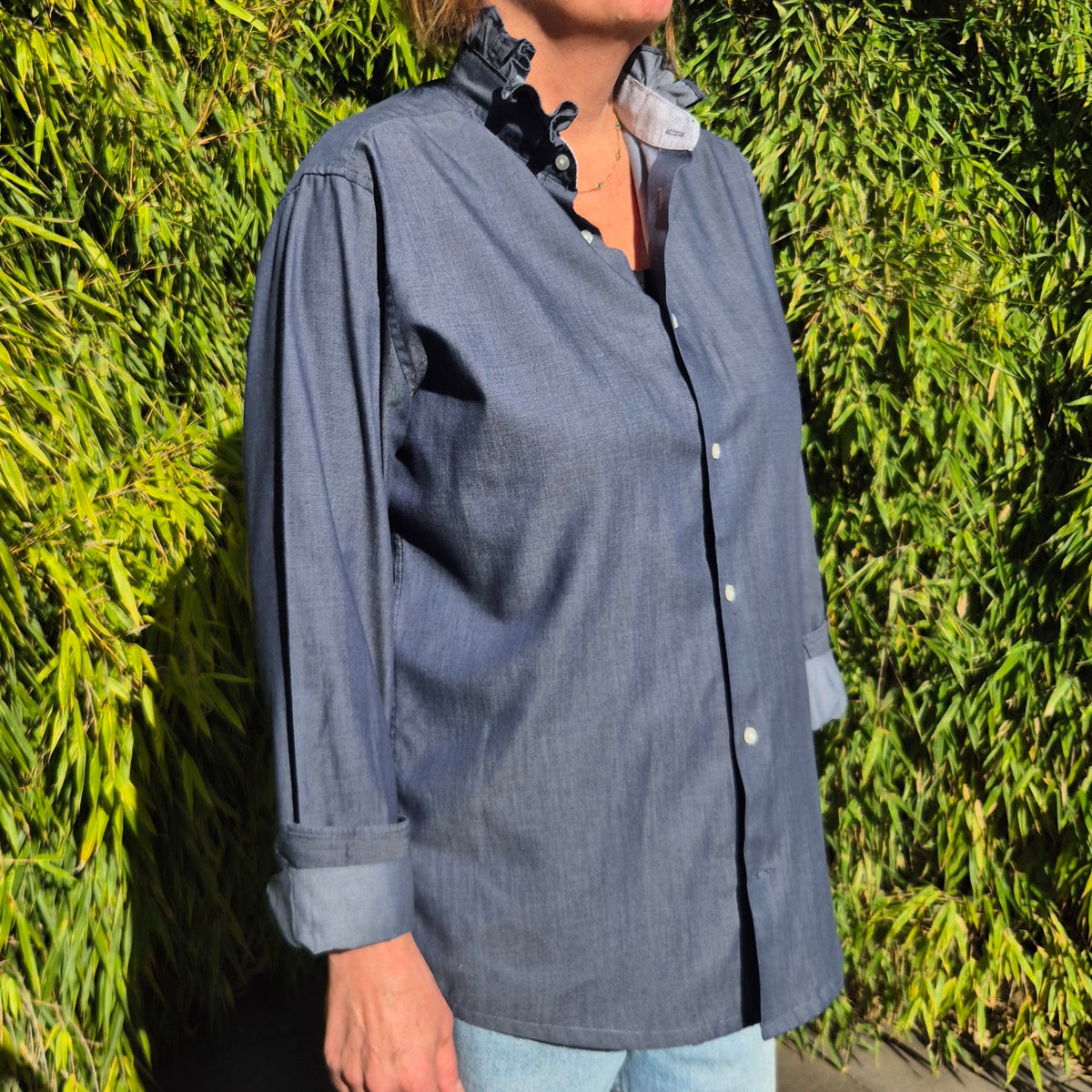 Blue/Grey shirt with ruffle collar : size M