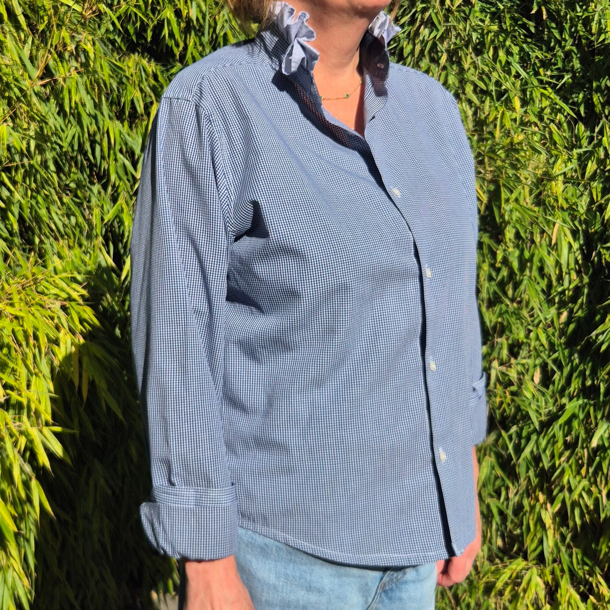 Navy gingham shirt with contrast ruffle collar : size M