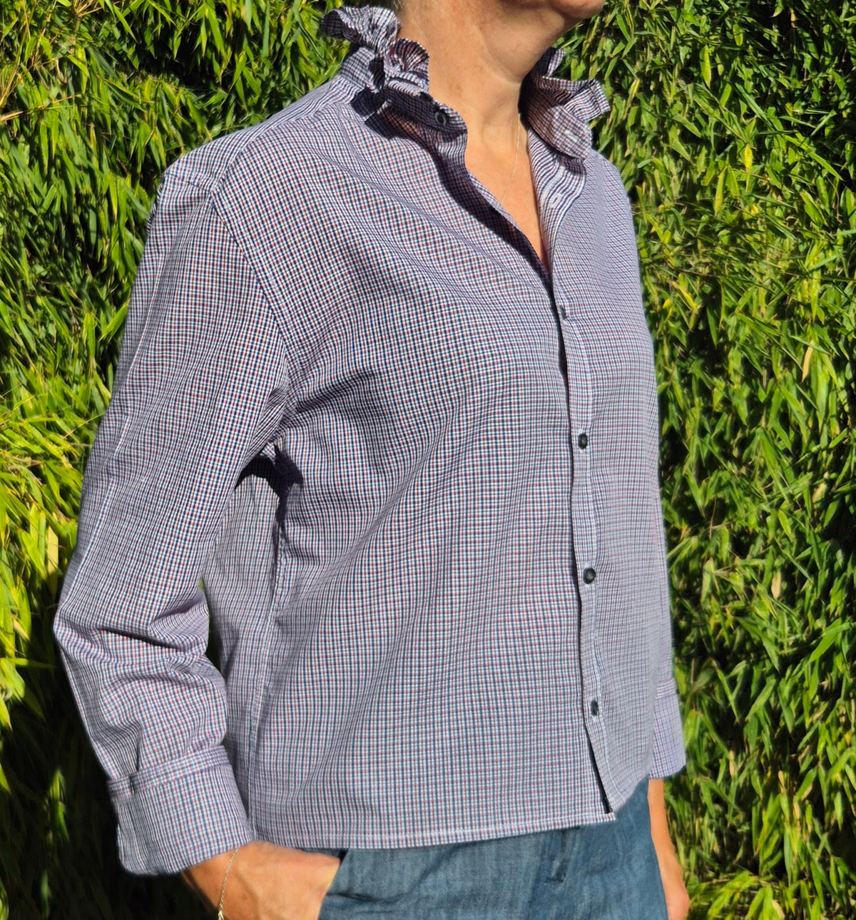 Red & Blue check shirt with ruffle collar : size S