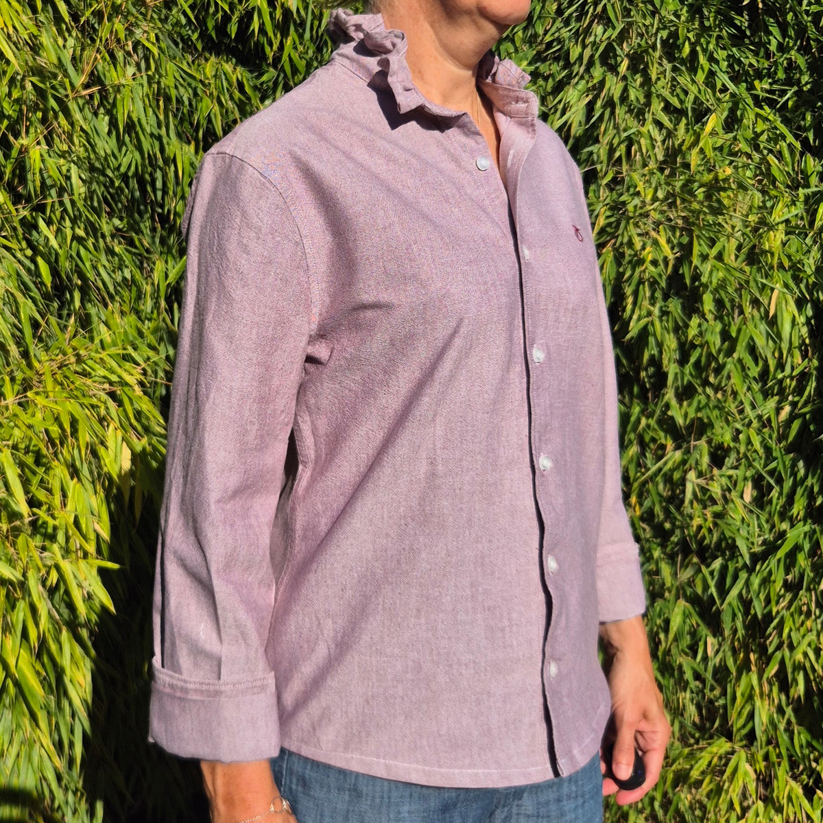 Pink chambray shirt with ruffle collar : size S