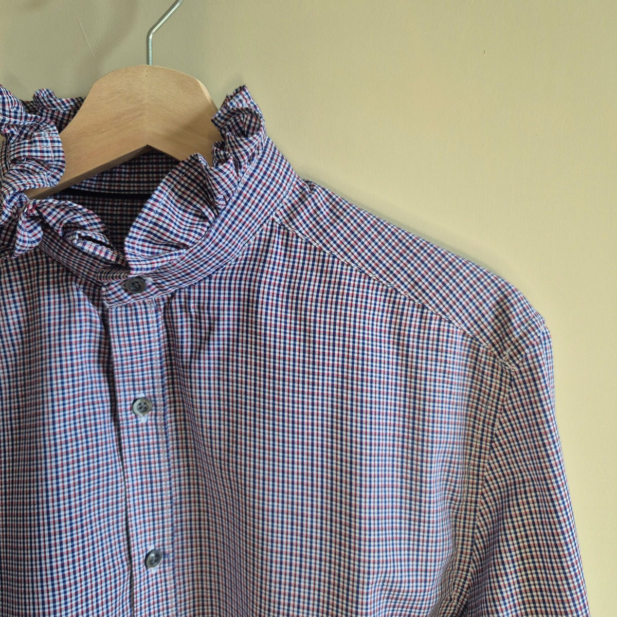 Red & Blue check shirt with ruffle collar : size S