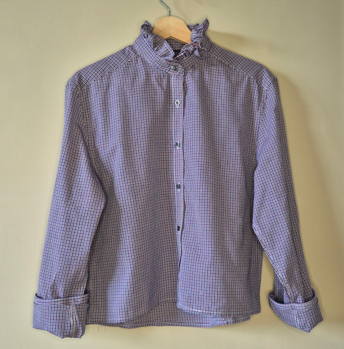 Red & Blue check shirt with ruffle collar : size S
