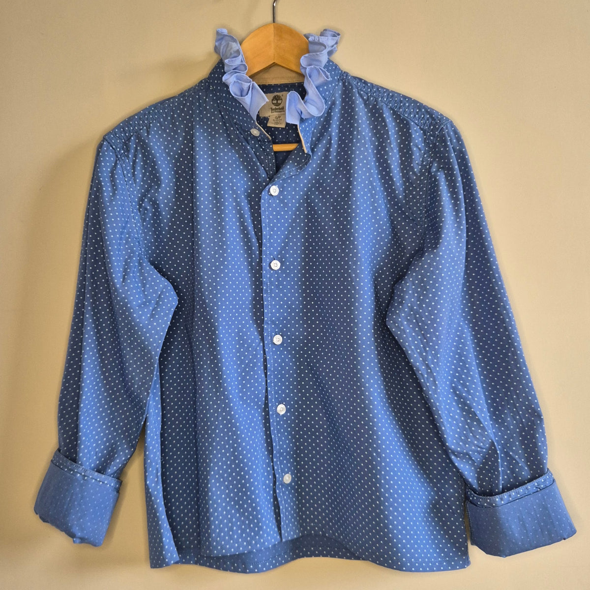 Blue polka-dot ruffle collar shirt - size S