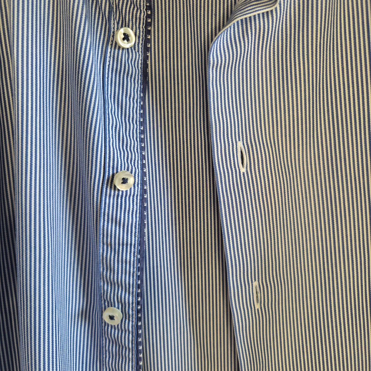 Navy pinstripe shirt with ruffle collar and contrast details : size S/M