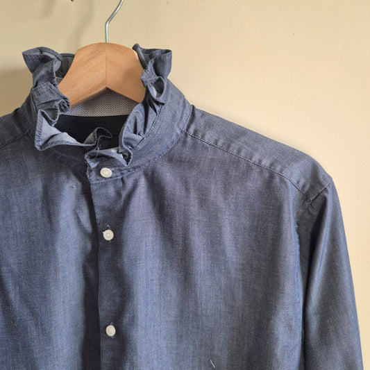 Blue/Grey shirt with ruffle collar : size M