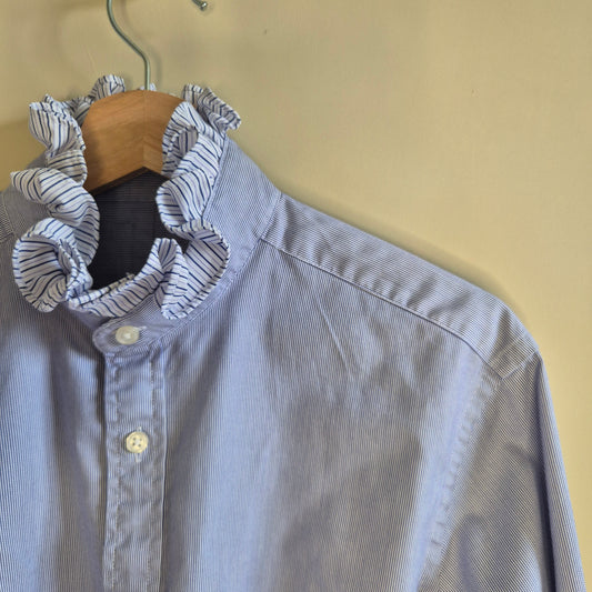 Navy pinstripe shirt with contrast ruffle collar : size S/M