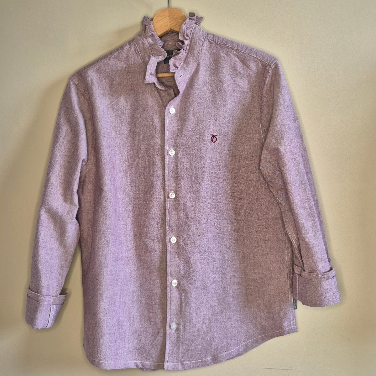 Pink chambray shirt with ruffle collar : size S