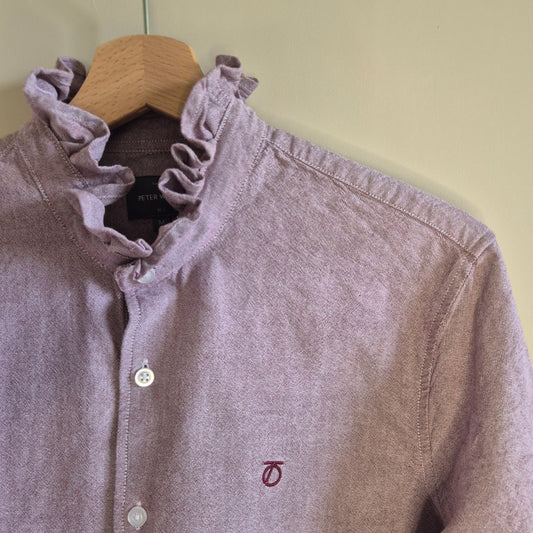 Pink chambray shirt with ruffle collar : size S
