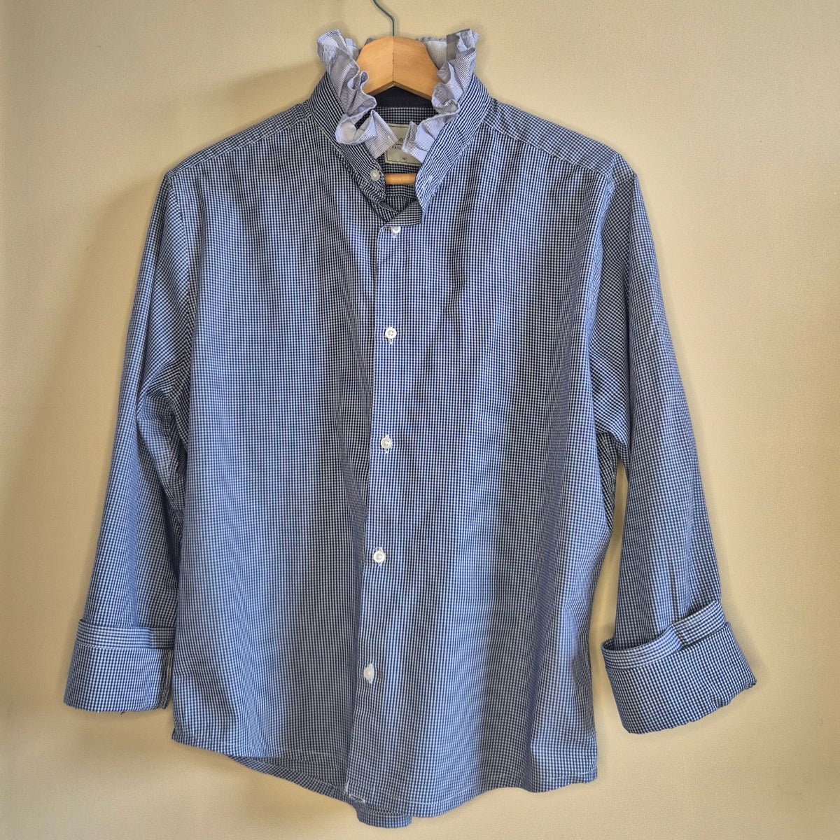 Navy gingham shirt with contrast ruffle collar : size M