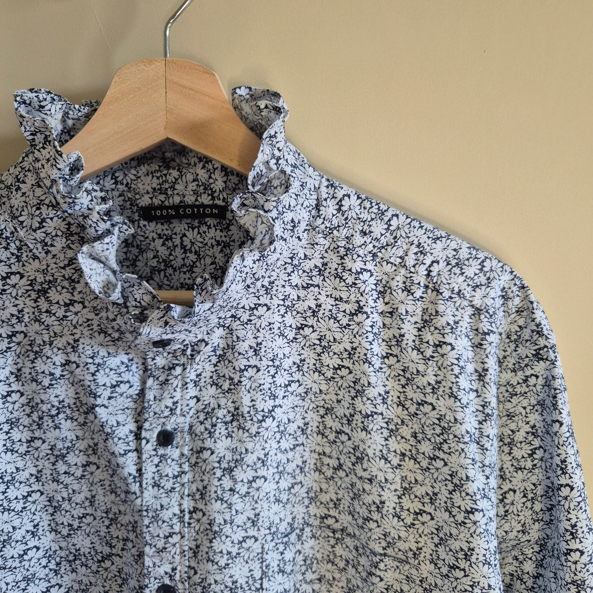 Navy floral shirt with ruffle collar : size L
