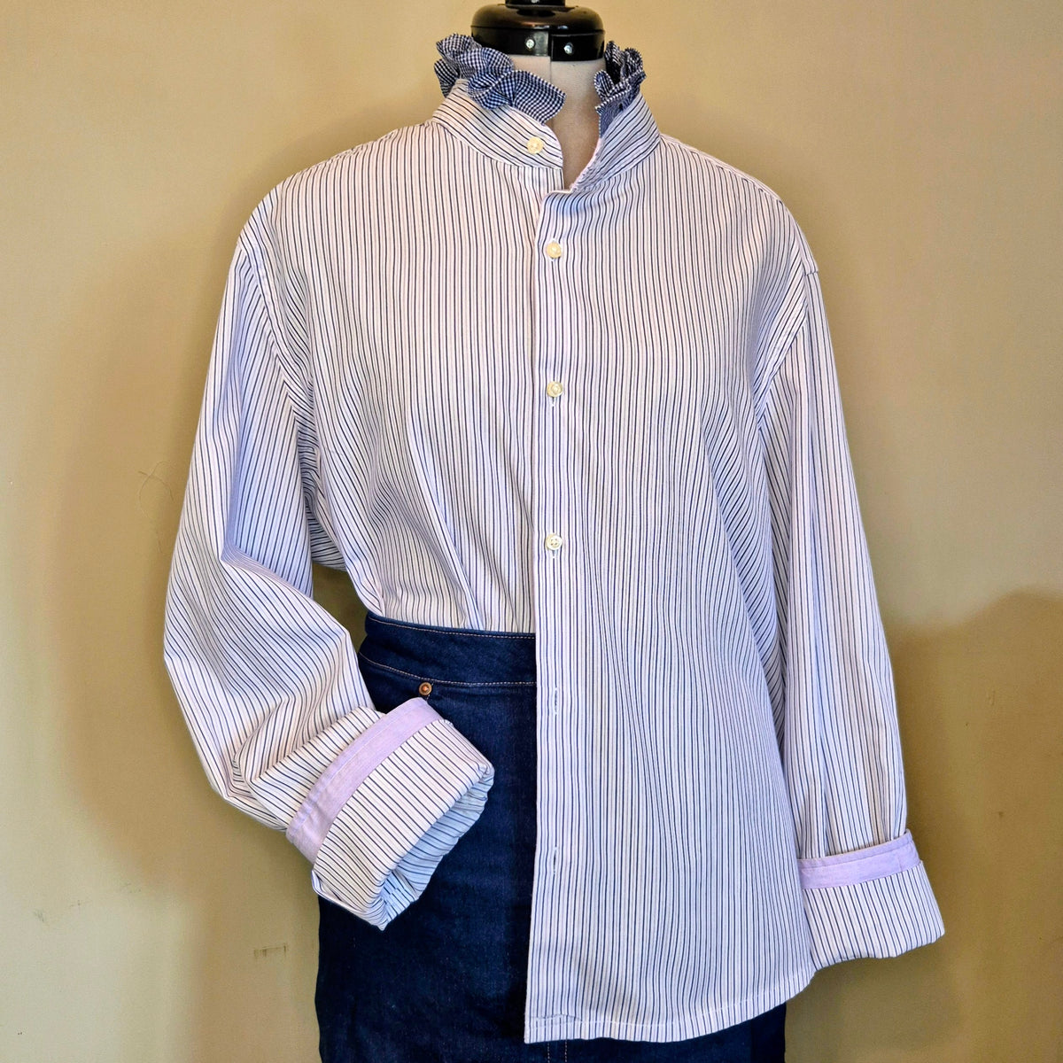 White pinstripe shirt with ruffle collar - size L