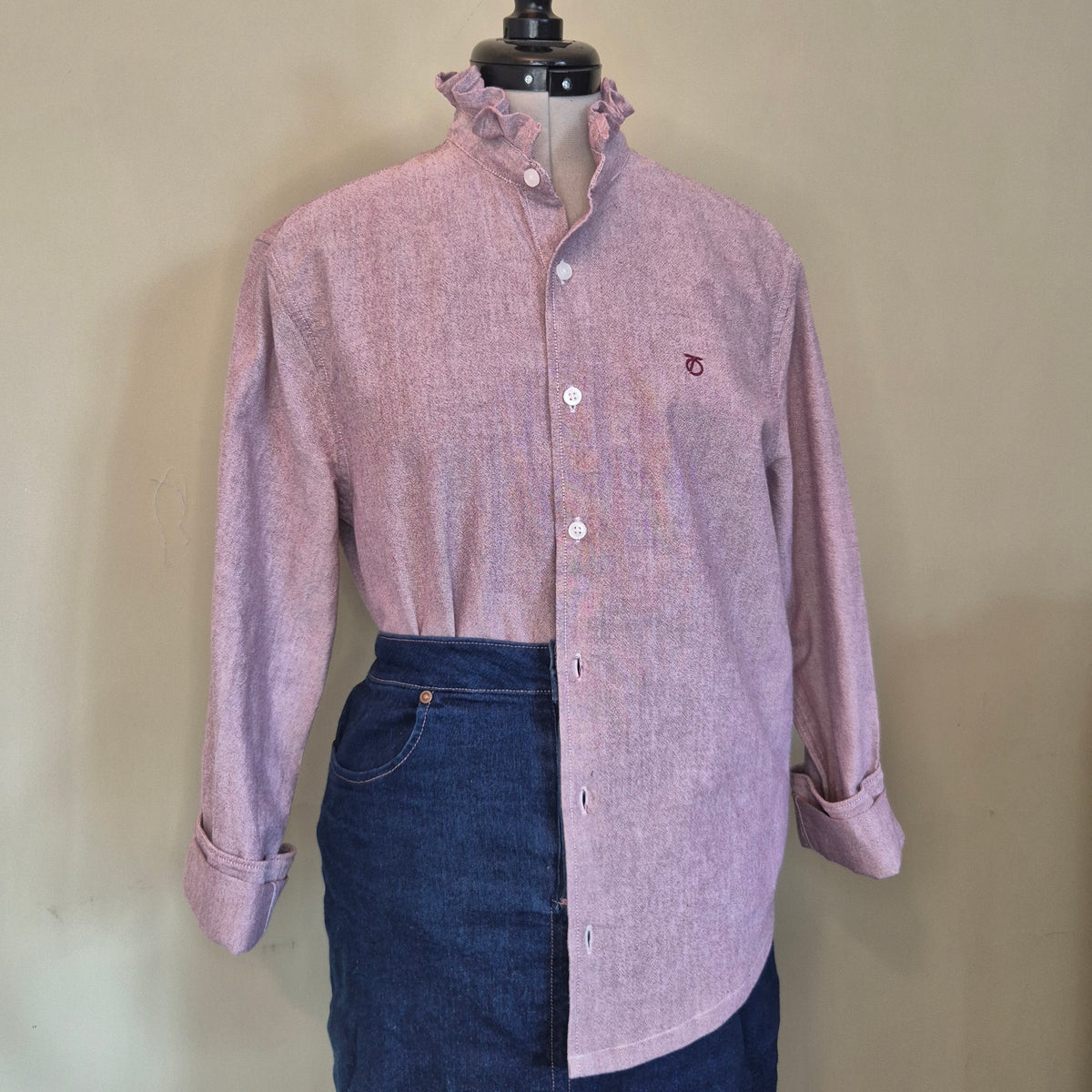 Pink chambray shirt with ruffle collar : size S