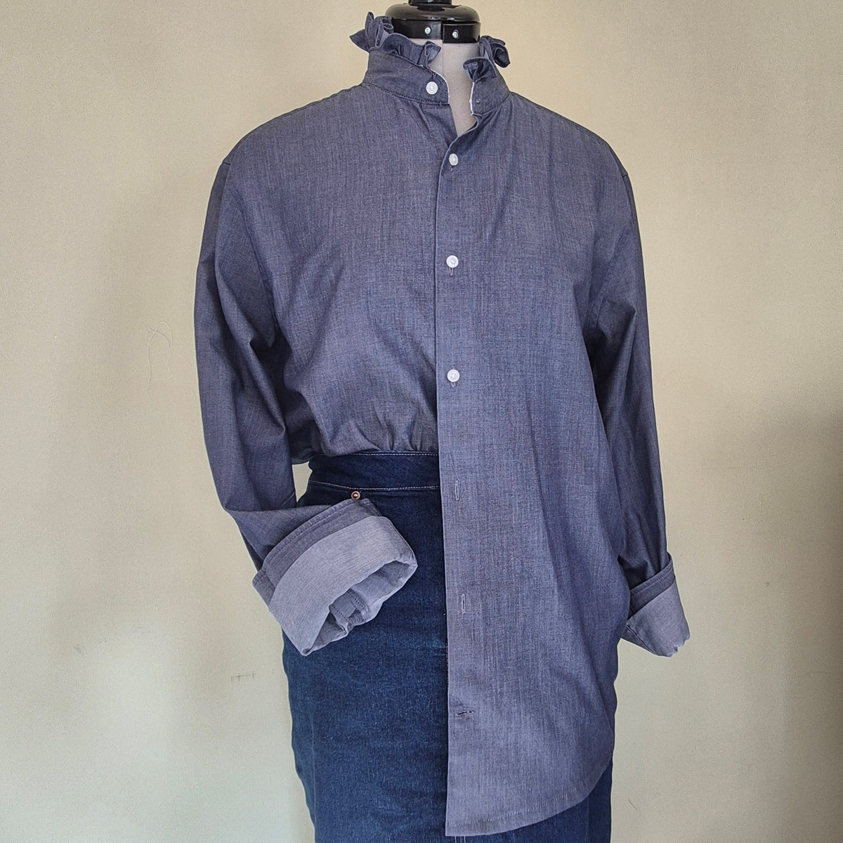Blue/Grey shirt with ruffle collar : size M