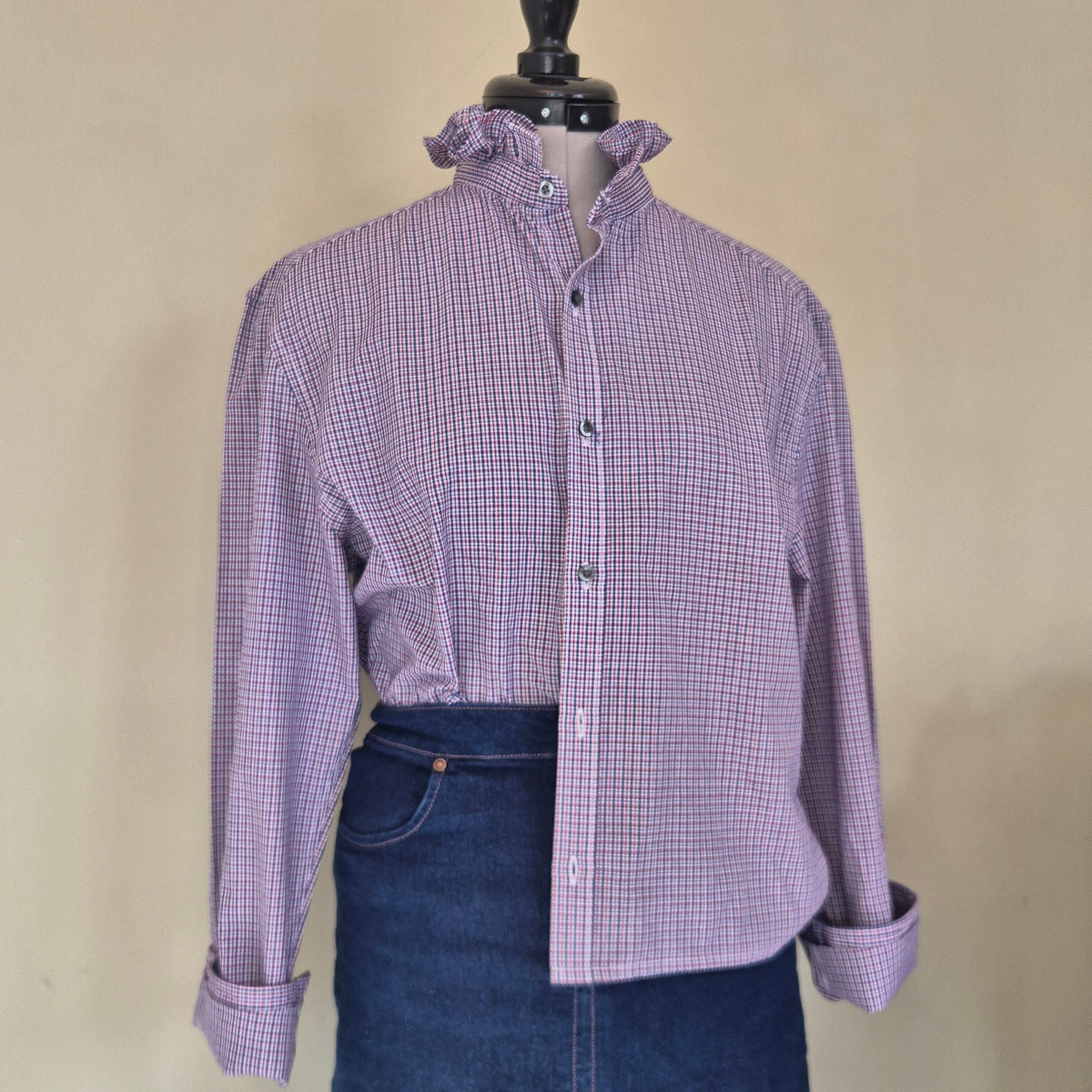 Red & Blue check shirt with ruffle collar : size S