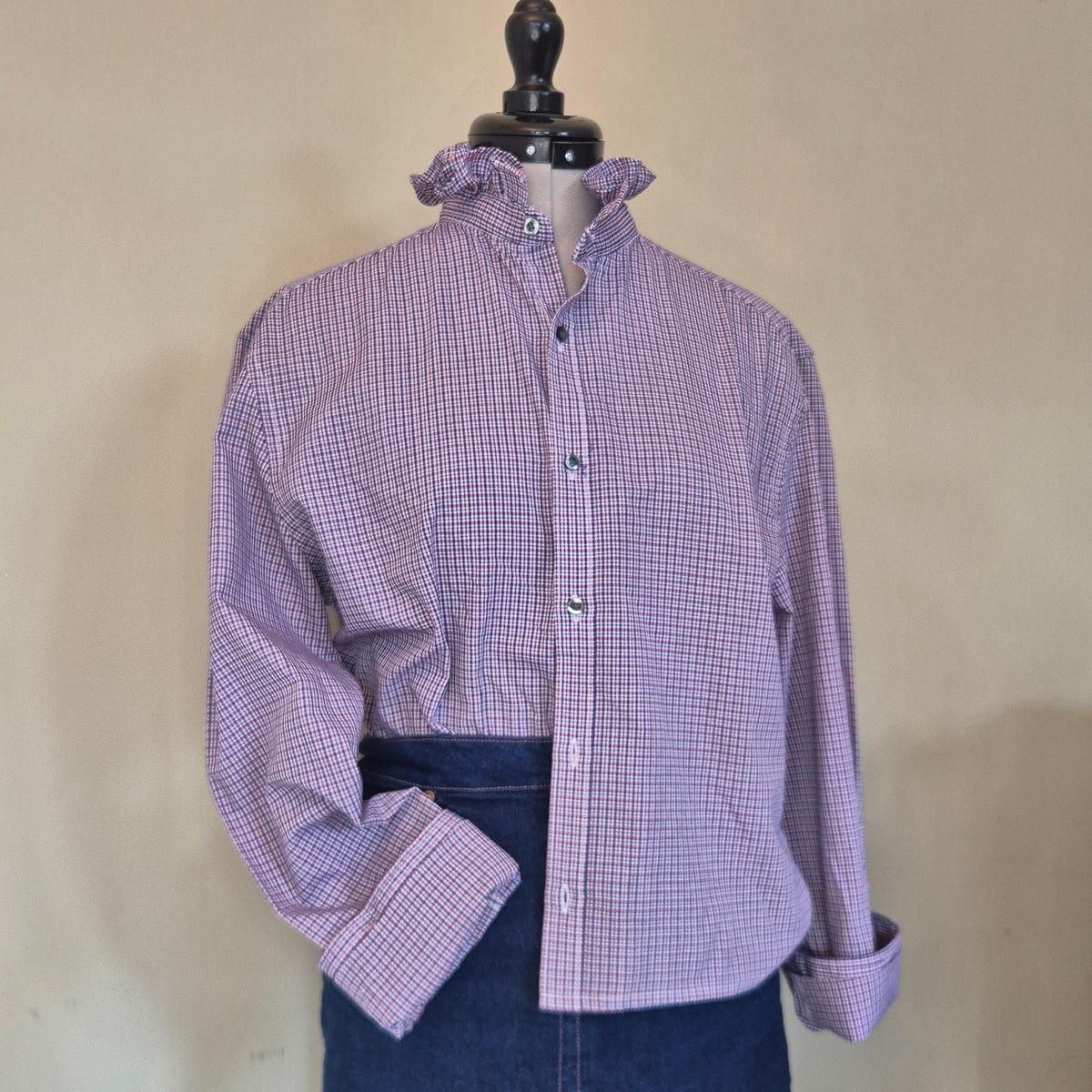 Red & Blue check shirt with ruffle collar : size S