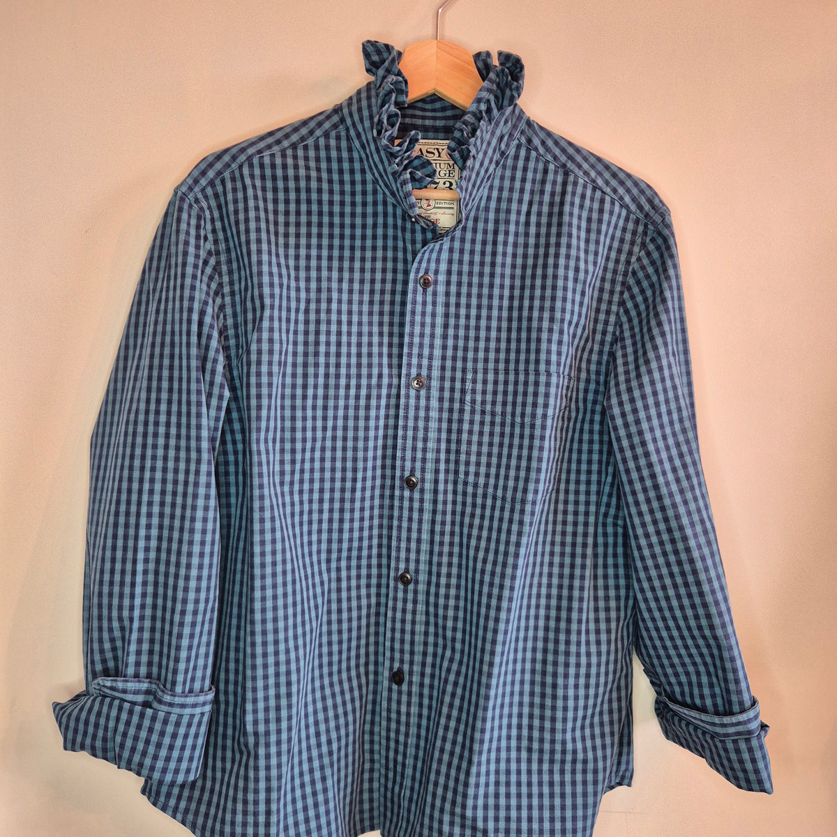 Green/Blue check shirt with ruffle collar : size S