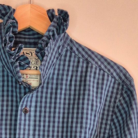 Green/Blue check shirt with ruffle collar : size S