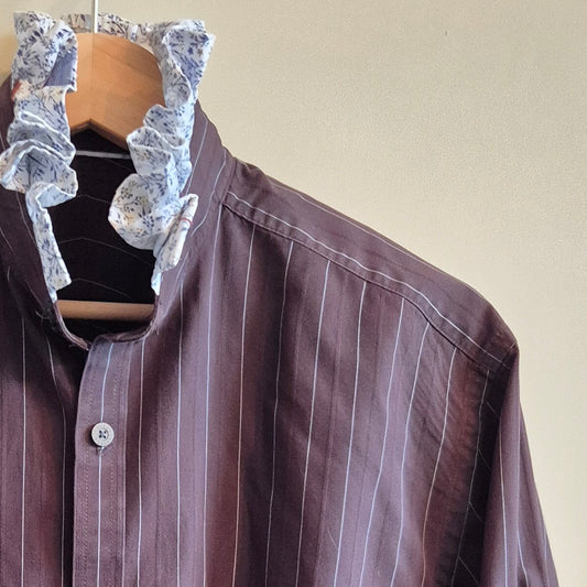 Brown pinstripe shirt with floral ruffle collar : size S