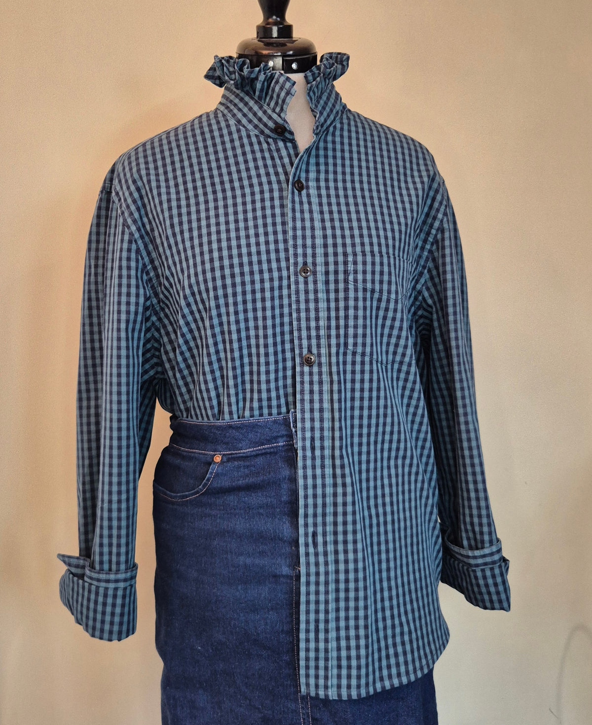 Green/Blue check shirt with ruffle collar : size S