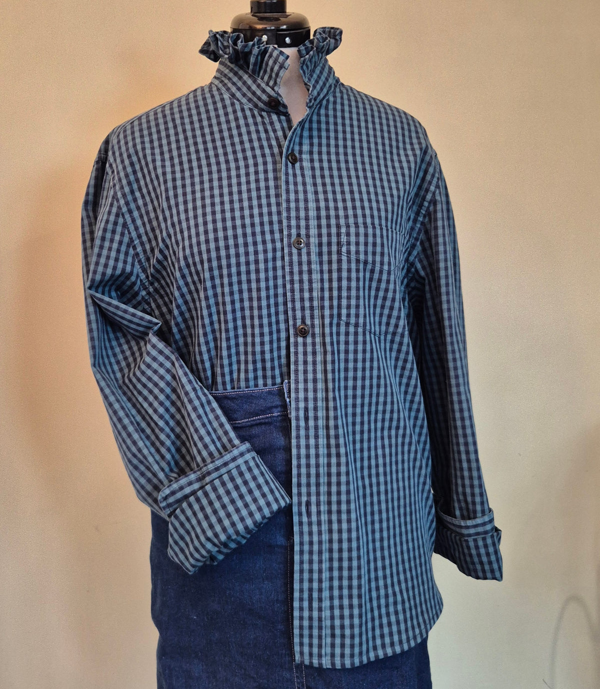 Green/Blue check shirt with ruffle collar : size S